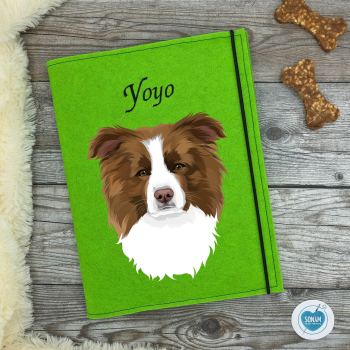 Dokumentenhülle Hund hellgrün Designbeispiel Border Collie braun weiß
